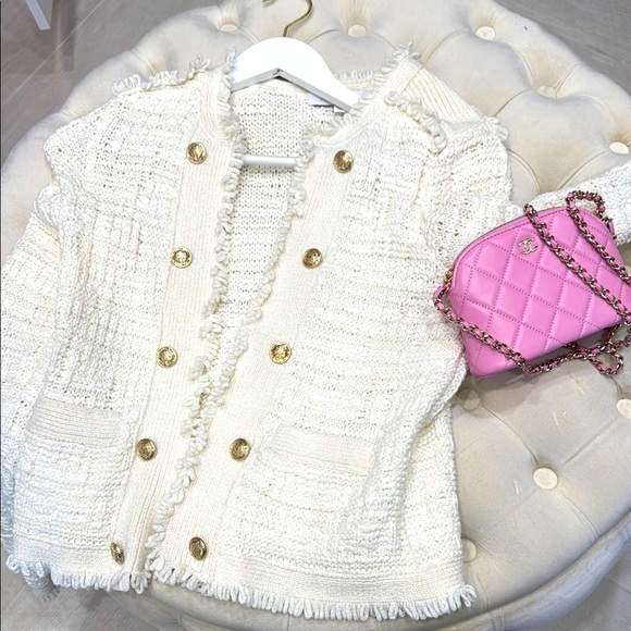 INTERMIX Jackets & Blazers - INTERMIX White and Gold Tweed Blazer with Fringed Trim